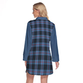 MacKay Blue Tartan Women's Lapel Shirt Dress With Long Sleeve